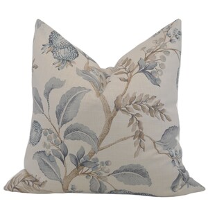 Serene Blue & Taupe Botanical Throw Pillow Cover, 20x20, Shades of Blue, Taupe, Brown Floral Pillow Cover