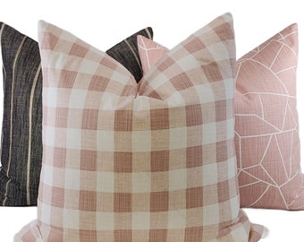 Boho Buffalo Plaid Blush Pink Blush Throw Pillow Cover, 22x22, Blush Pink Check, Blush Pink & White Cottage Plaid