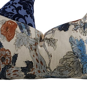 Shades of Blue & Rust Linen Floral Lumbar Pillow Cover, 14.5x22.5, Indigo, Denim, Rust, Carolina Blue Botanical Print on Neutral Background