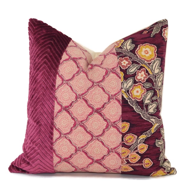 Almohadas Boho Throw, almohada de tela mixta, 18x18, almohadas marroquíes, fundas de almohadas, almohadas de color burdeos y rosa, almohadas modernas y brillantes