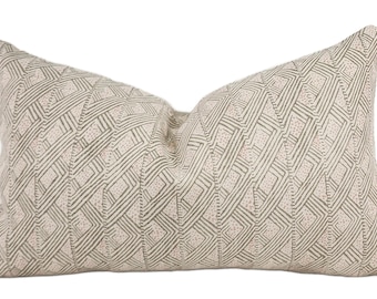 Sweet Taupe with Blush Pink Geometric Pattern Lumbar Throw Pillow Cover, 12x20, Taupe Lines with Pale Pink Dots Linen Pillow Cover