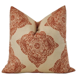 Terracotta Block Print Throw Pillow Cover, 22x22, John Robshaw Mani in Terracotta, Duralee Fabric, Rust & Beige Large Scale Medallion Print