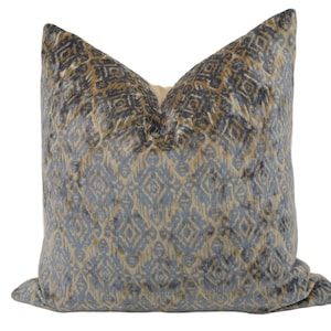 Tribal Blue/ Gray Ikat Velvet Throw Pillow Cover, 22x22, Patterned Velvet