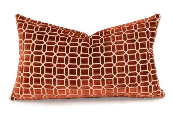 Rust & Beige Cut Velvet Geometric Moroccan Ikat Throw Pillow Cover Rust