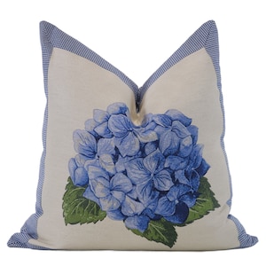 Blue Hydrangea Floral Throw Pillow Cover, 20x20, Blue, Green, Off White Decorative Pillow Cover