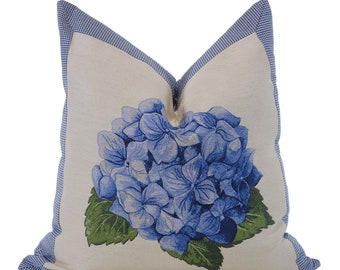 Blue Hydrangea Floral Throw Pillow Cover, 20x20, Blue, Green, Off White Decorative Pillow Cover