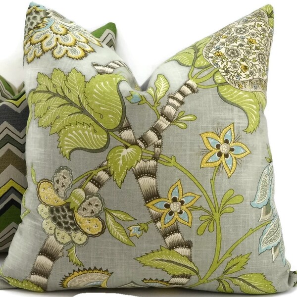 Gray, Green, Brown, Taupe, Gold & Off White Jacobean Floral Pillow Cover, Throw Pillow, One of a Kind, Toss Pillow,  20x20, Lumbar Pillow