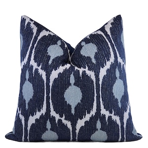 Blue Ikat Pillow Cover, 22x22, Bohemian Dark Blue/ Gray Chenille Ikat Cover, Moroccan pillow, Farmhouse decor, Modern Rustic Decor