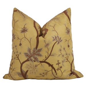Golden Yellow Embroidered/ Applique Silk Floral Throw Pillow Cover, 20x20, Gold, Brown, Rust Leaf and Flower
