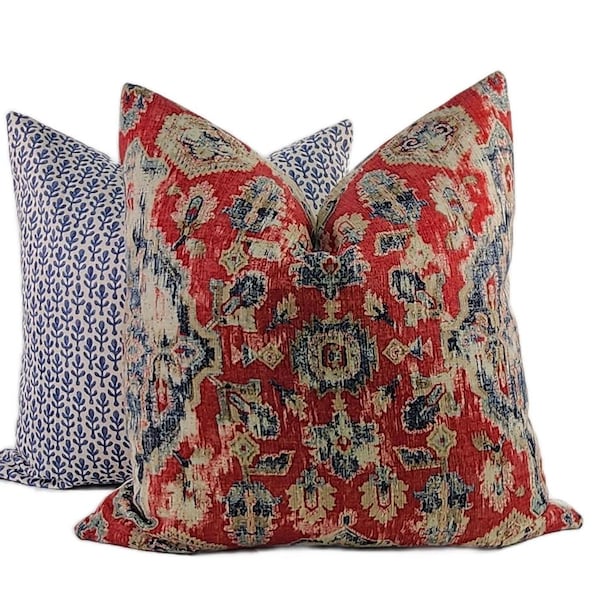 Boho Red, Blue, Natural Linen Throw Pillow Cover, MULTIPLE SIZES, Red Tribal Pattern, Moroccan Pillow Cover, Medallion Pattern Throw Pillow
