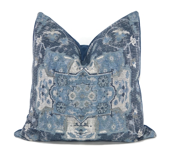 Turkish Blue Gray Medallion Throw Pillow Cover 20x20 Moroccan Pillow Cover Swavelle Amici Chenille Jacquard Indigo Etsy