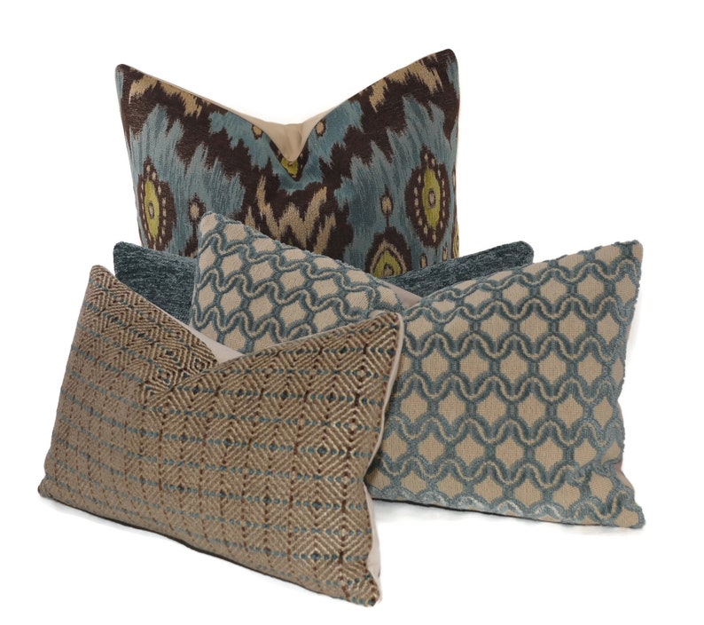 Boho Blue Ikat Pillow Cover 20x20 Turquoise and Brown Etsy