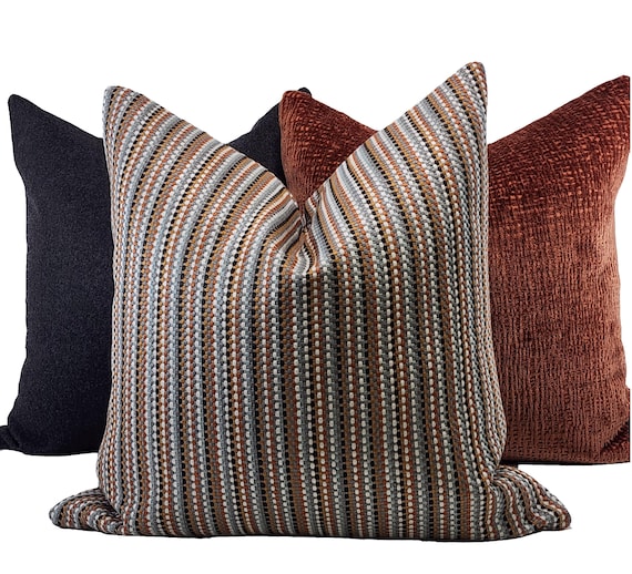 Woven Rust, Charcoal Gray, off White, Gray Stripedthrow Pillow