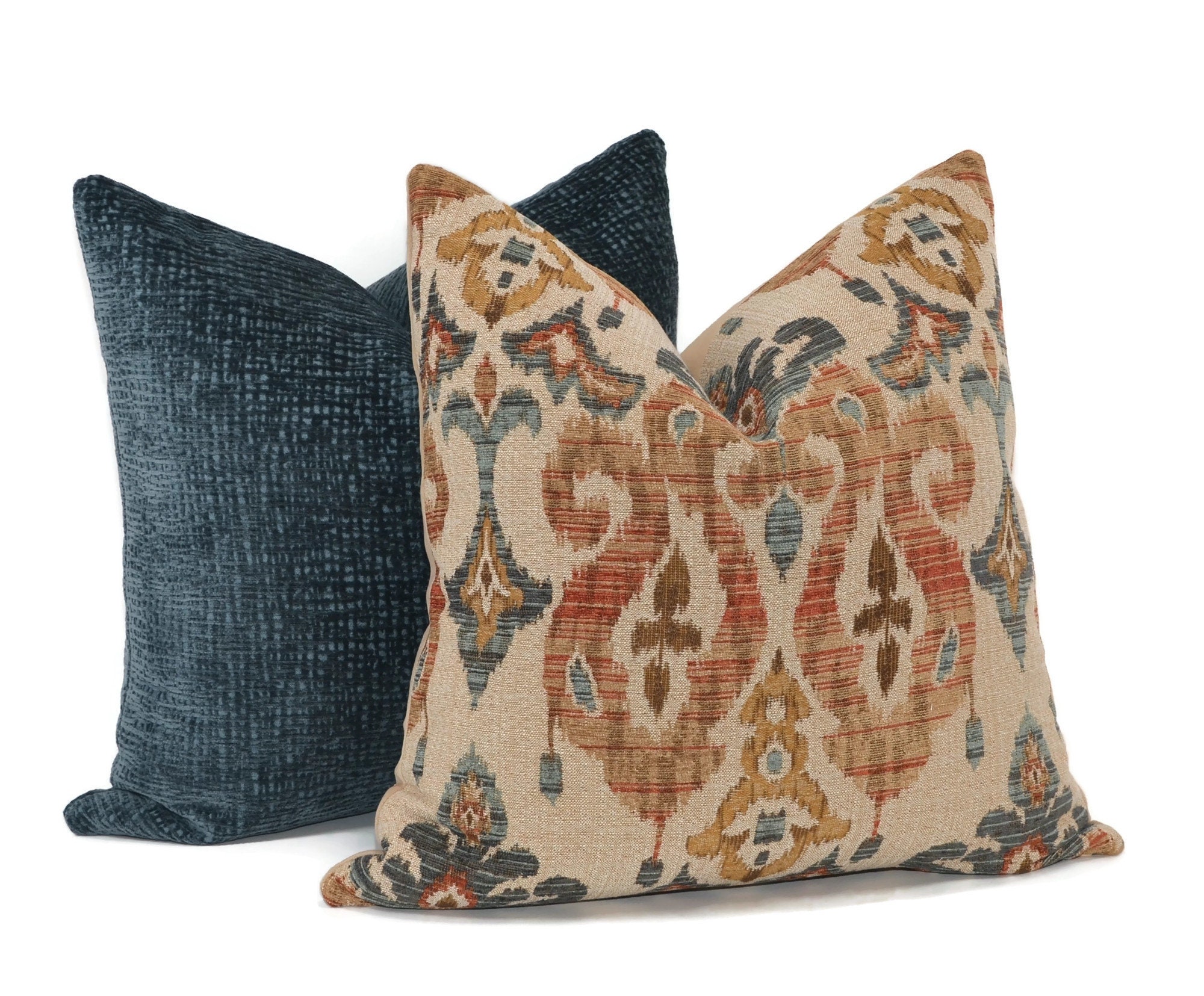 Throw Pillow Cover Brown Rust Blue Teal & Gold Chenille Etsy