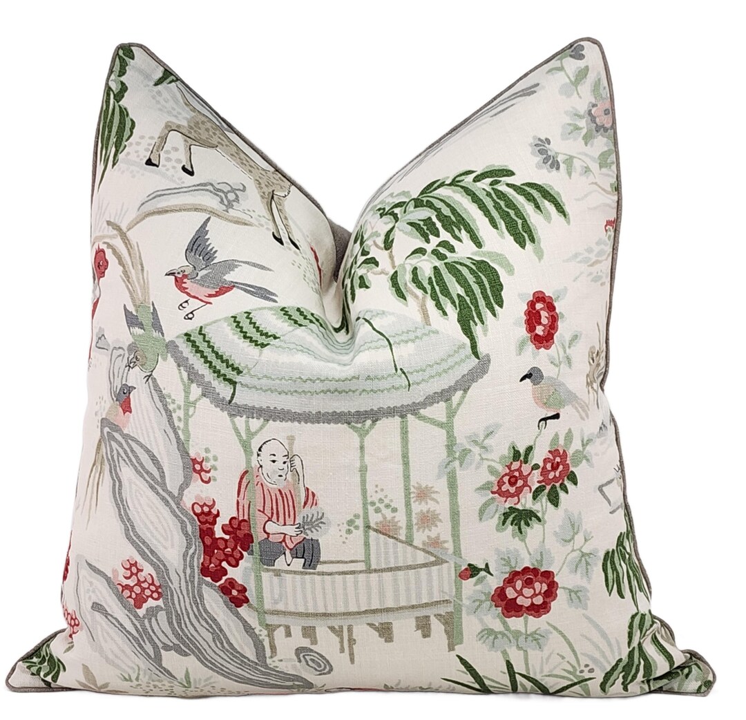 Chinoiserie Linen Print Throw Pillow Cover With Cording, 22x22 ...