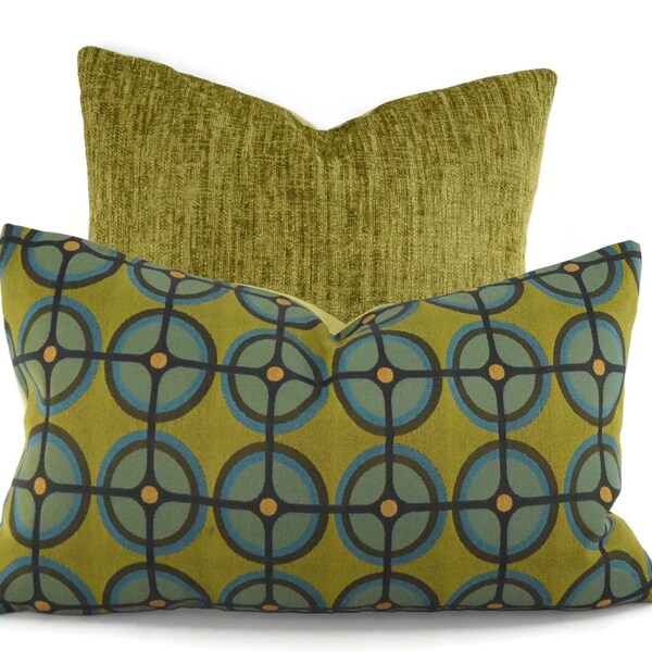 Sale! Gold, Green, Teal & Black Mid-Century Modern Geometric Print Design Lumbar Throw Pillow Cover, Retro Circle Pattern, 12x20