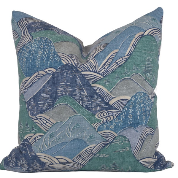 Blue, Teal, Gray Linen Throw Pillow Cover, 20x20, Japanese Mountain Woodblock Print, Kelly Wearstler Groundworks Edo Linen Teal