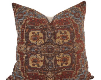 Turkish Throw Pillow Cover, Boho Brown, Blue, Paprika  Chenille Pillows, Moroccan Pillows, Medallion design pillows, 20x20, Farmhouse pillow