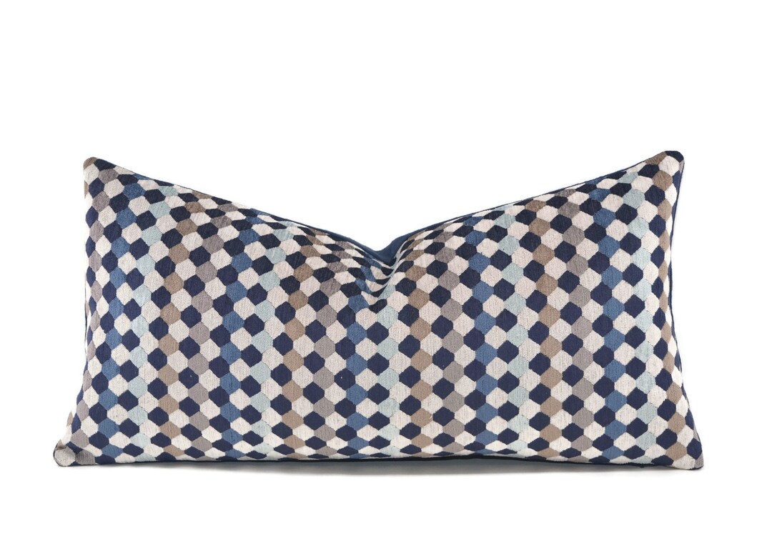 Blue & Gray Velvet Pillow Cover, 10x20, Geometric Pattern Velvet