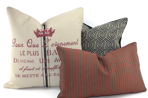French Writing Throw Pillow Cover 20x20 Crown Chenille Toss Pillow (Set of 2