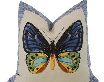 Colorful Butterfly Throw Pillow Cover, 20x20, Blue, Green, Yellow Butterfly with Check Border, Decorative Pillow Cover