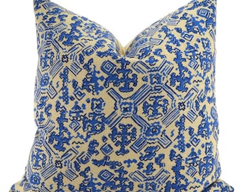 Blue & Oatmeal Linen Ikat Throw Pillow Cover, 20x20, Moroccan Inspired Decor