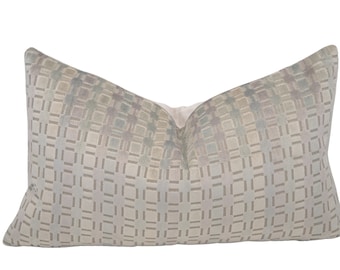 Gray & Aqua Cut Velvet Throw Pillow Cover, 12x20, Pale Gray and Aqua Geometric Pattern Velvet, Boho throw pillow cover, coastal pillow