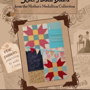 Puede incluir: Un patrón PDF de descarga digital para un bloque de colcha con un diseño de estrella roja, amarilla y azul. El patrón se titula "Sister's Idea Board" y es de la "Mother's Medallion Collection". El patrón incluye permiso para hacer una copia.