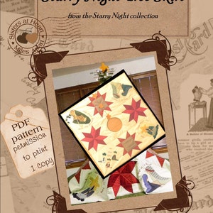 May include: A digital download pattern for a Starry Night Tree Skirt, featuring a quilt block design with red stars and a yellow sun. The pattern is from the Starry Night collection and is available for one copy.