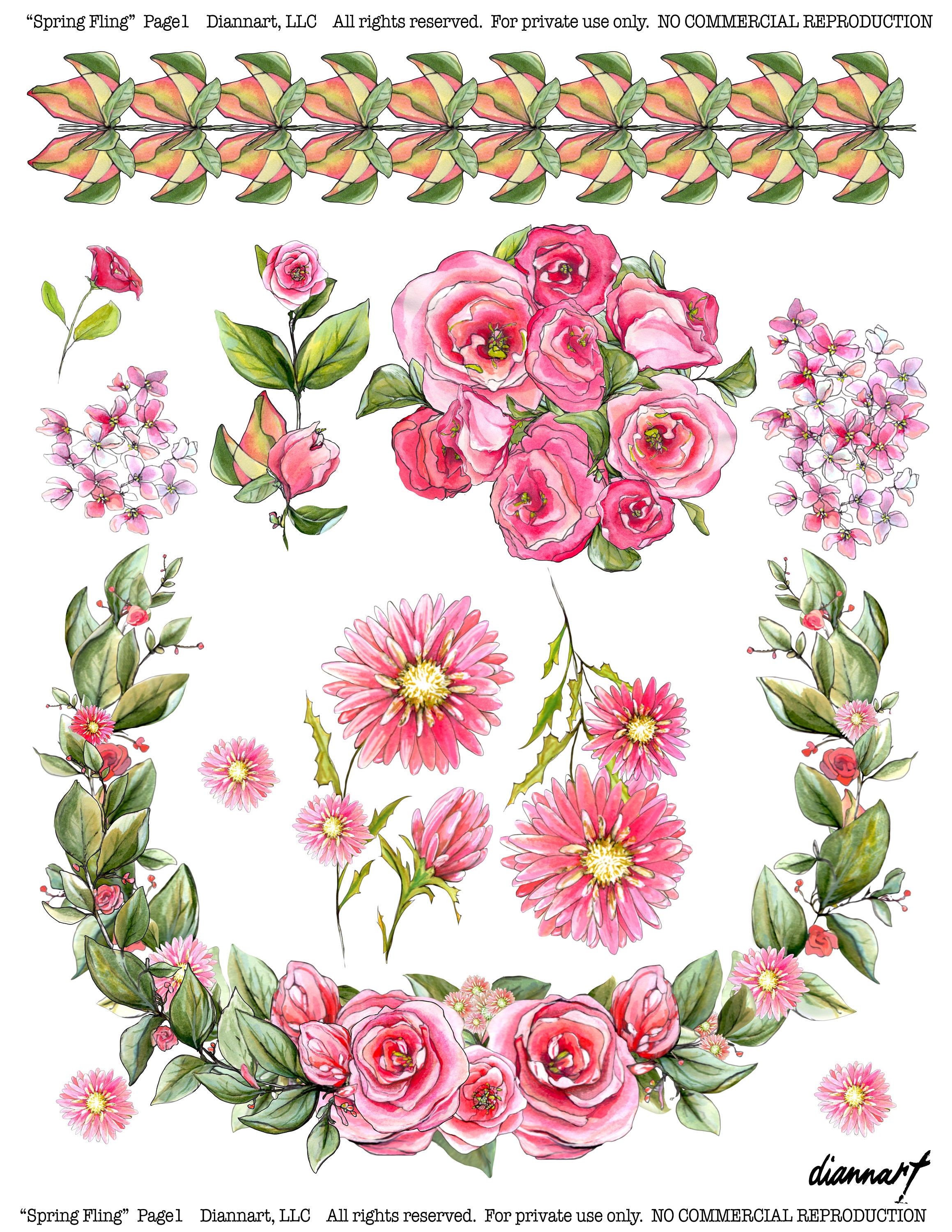 Beautiful Pink Floral Printable Clip Art for Crafts. 4 Instantly ...