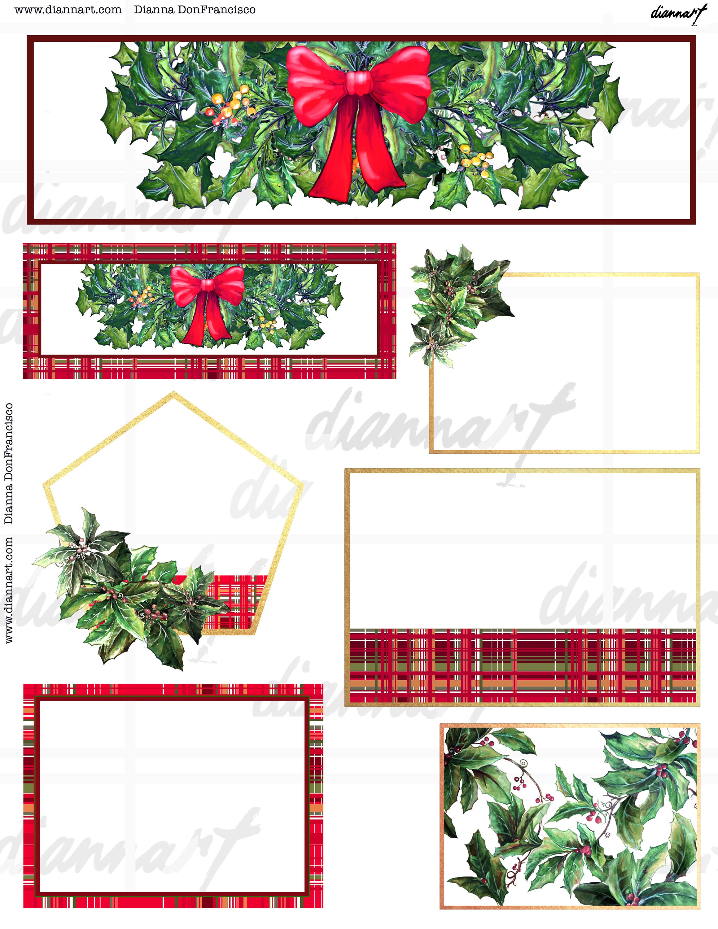 Christmas Holly Printable Art for Crafts. TWO Instantly Downloadable ...