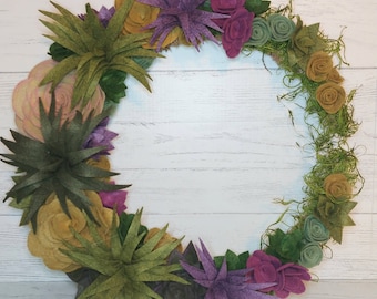 Felt Flowers | Felt Succulents | Crescent Moon Wreath | Handmade Succulent Wreath | Farmhouse Wreath | Wool Felt Succulents