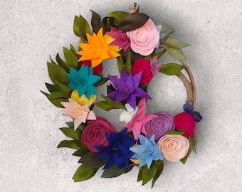 Felt Flowers | Handmade Wool Felt Wreath | Crescent Moon Wreath | Handmade Felt Floral | Handmade Wreath