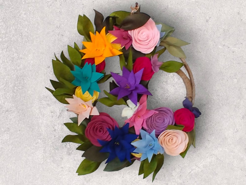 Felt Flowers Handmade Wool Felt Wreath Crescent Moon Wreath Handmade Felt Floral Handmade Wreath image 1