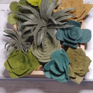 Handmade Wool Felt Succulent Garden: Linen Stained Wood Box