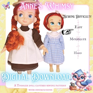 May include: A digital download sewing pattern for toddler doll clothes. The pattern includes instructions and is rated easy to moderate in difficulty. The image shows two dolls wearing the finished garments. The dolls are wearing a white dress with a brown apron and a blue and white gingham dress.