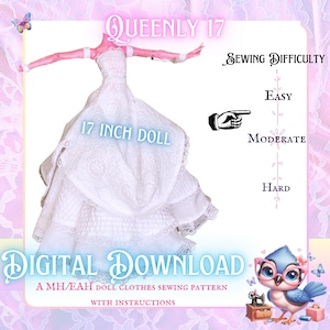 May include: A digital download sewing pattern for a 17 inch doll dress. The pattern is for a white dress with lace trim. The difficulty level is moderate. The pattern includes instructions.