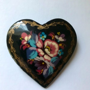 Vintage Brooch Russian Lacquer Brooch Heart Brooch Flower Brooch