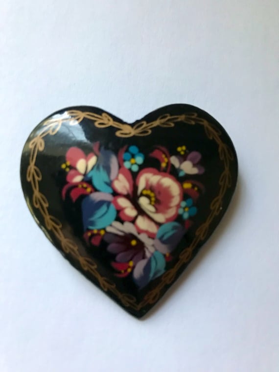 Vintage Brooch Russian Lacquer Brooch Heart Brooc… - image 1