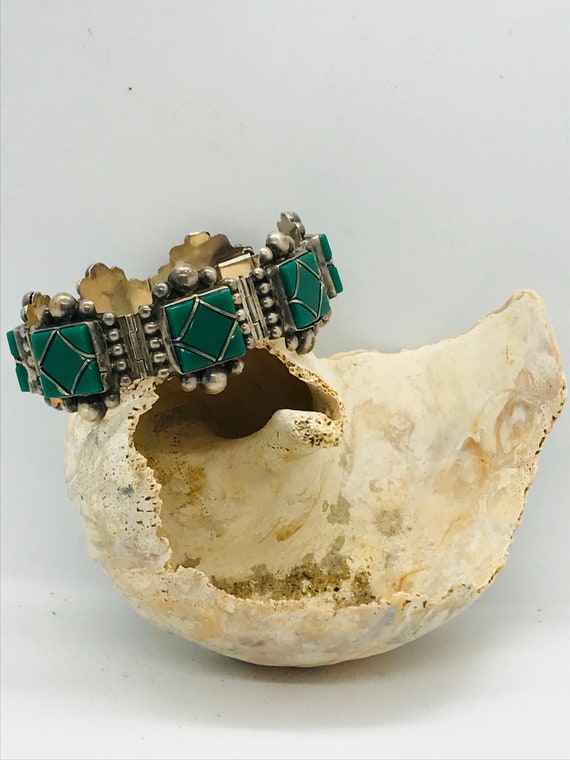 Vintage Bracelet Mexican Silver Bracelet Green Ony