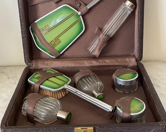 Vintage Vanity Set Art Deco Vanity Case Hand Mirror Brush Bottles Travel Vanity Case