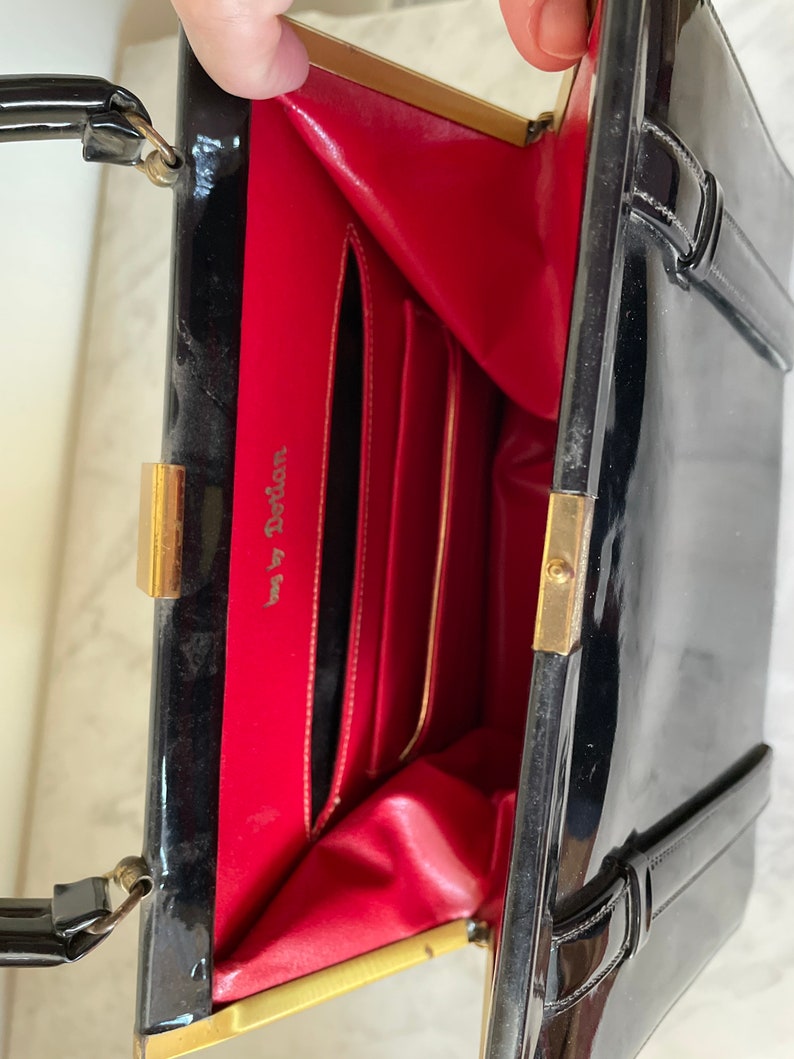 Vintage Structured Handbag Top Handle Purse Black Patent Leather Bag by