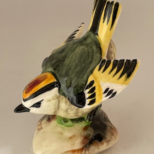 Puede incluir: Una figurita de cerámica de un pájaro pequeño con marcas amarillas, negras y verdes. El pájaro está posado sobre una pequeña base de cerámica marrón.