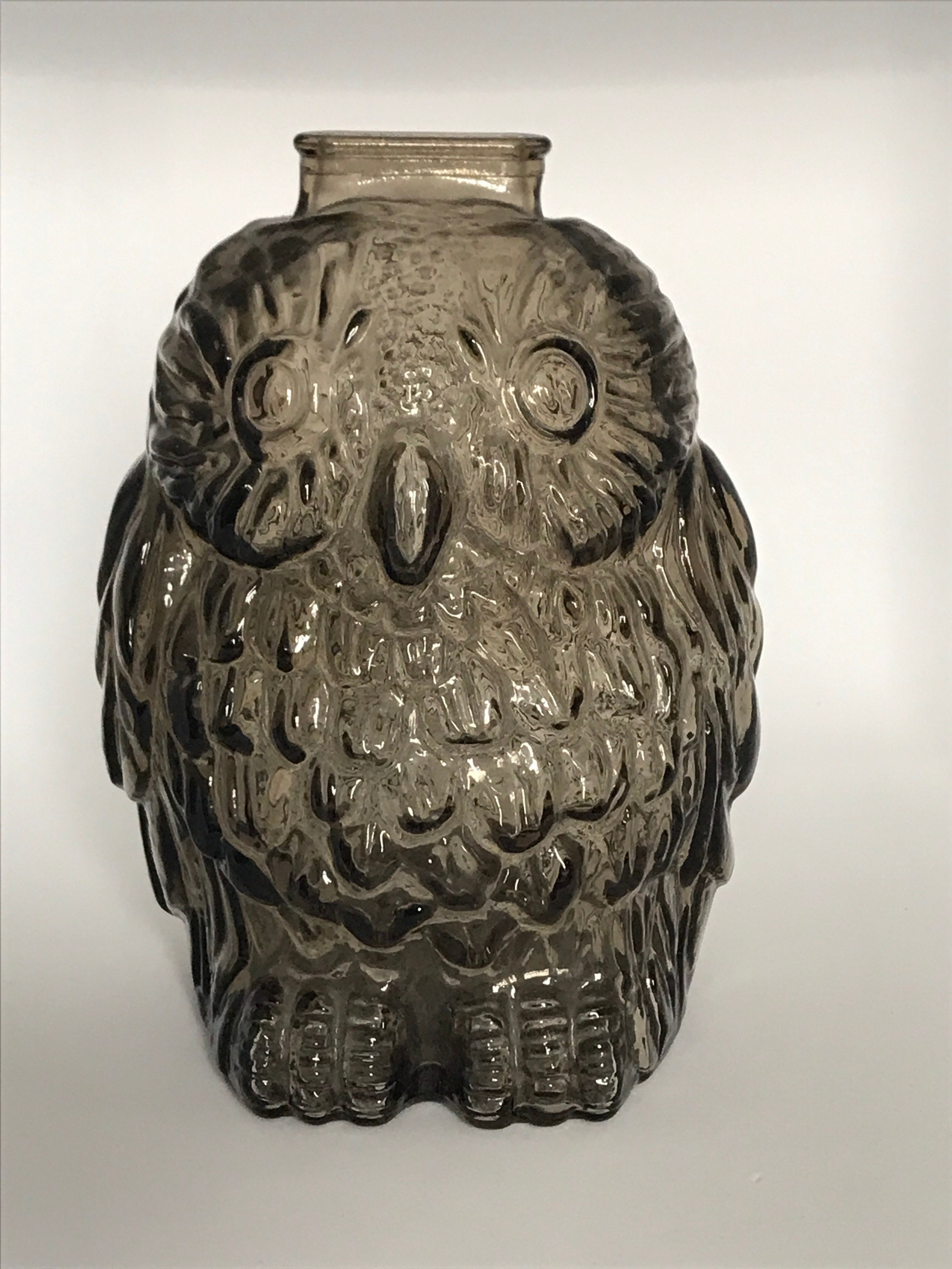 Rare Gray Glass Owl Bank, Vintage Coin Saver