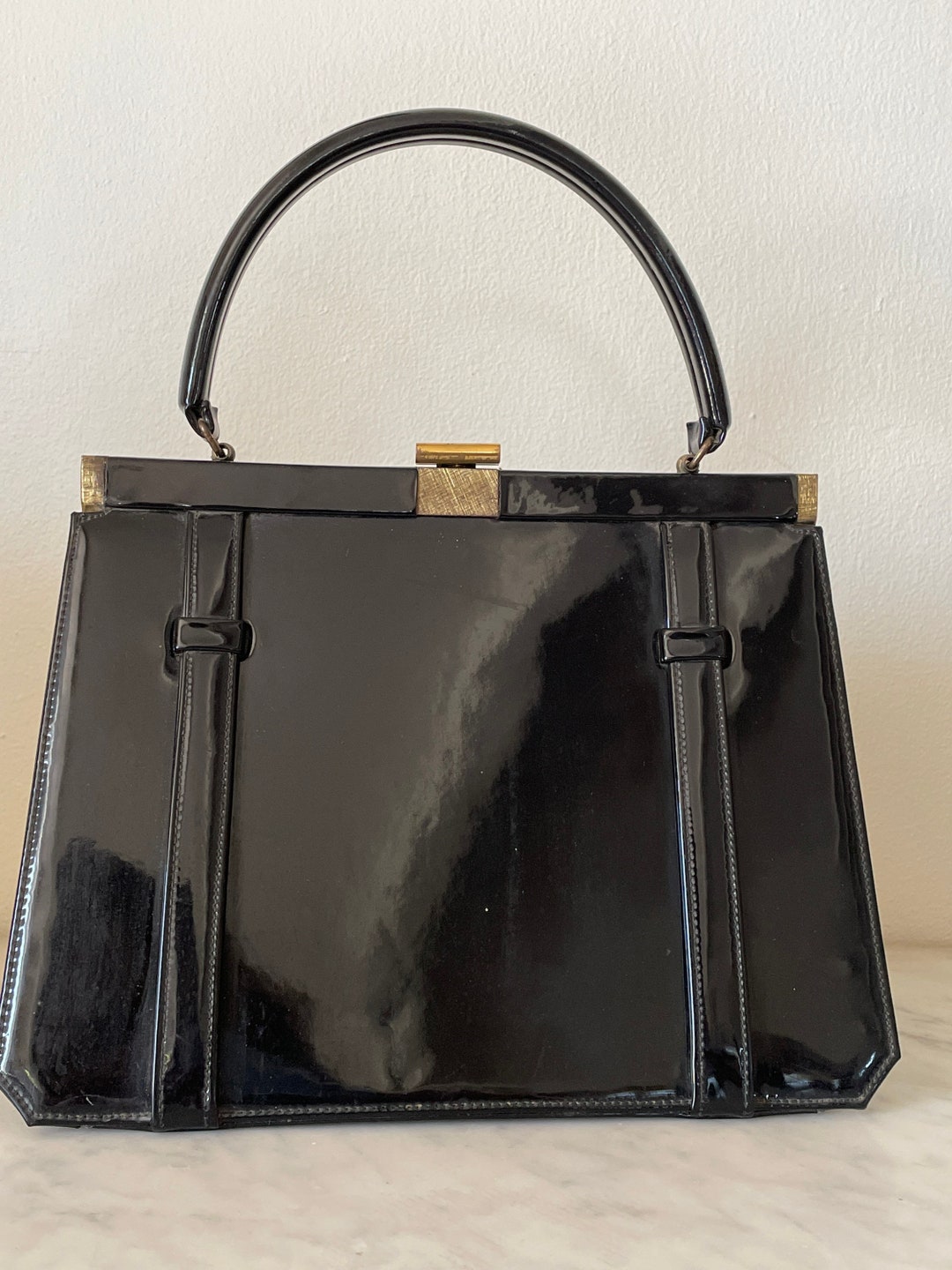 Vintage Structured Handbag Top Handle Purse Black Patent Leather Bag by ...
