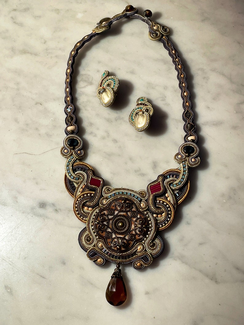 Dori Csengeri Statement Necklace Dori Csengeri earrings Hand sewn hand crafted jewelry image 1
