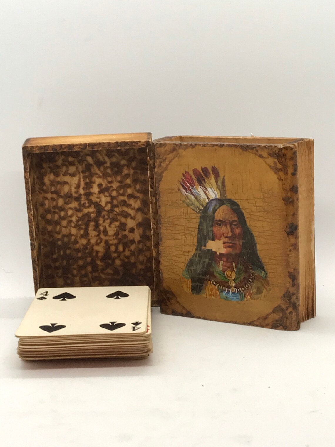 Vintage Souvenir Playing Cards in Carved Wood Box Native Etsy