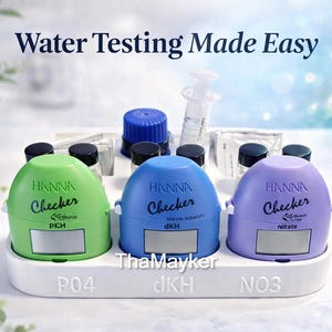 May include: A display of water testing kits. The image features three Hanna Checker devices in green, blue, and purple, labeled PKH, dKH, and Nitrate, respectively. The text "Water Testing Made Easy" is at the top.