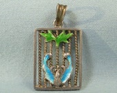 STERLING CHINESE FU Bat Charm Pendant-Vintage 925 Silver-Blue Green Enamel-Lucky Bamboo Foo Bat Bird Moth-China Asia Orient