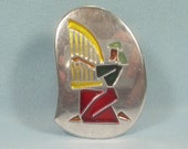 STERLING VIRGO ZODIAC Horoscope Pin Brooch Pendant Combo-Vintage 925 Silver-Blue Red Yellow Black Enamel Inlay-Israeli Israel Harp Nebel
